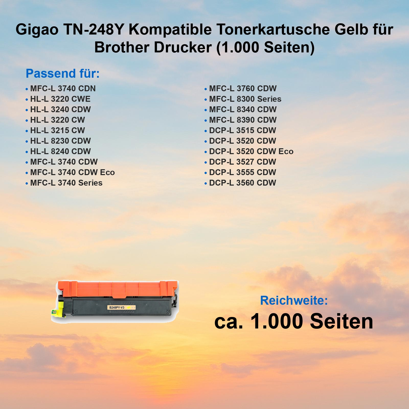 Gelbe Tonerkartusche TN-248Y für Brother Drucker, Reichweite 1.000 Seiten.