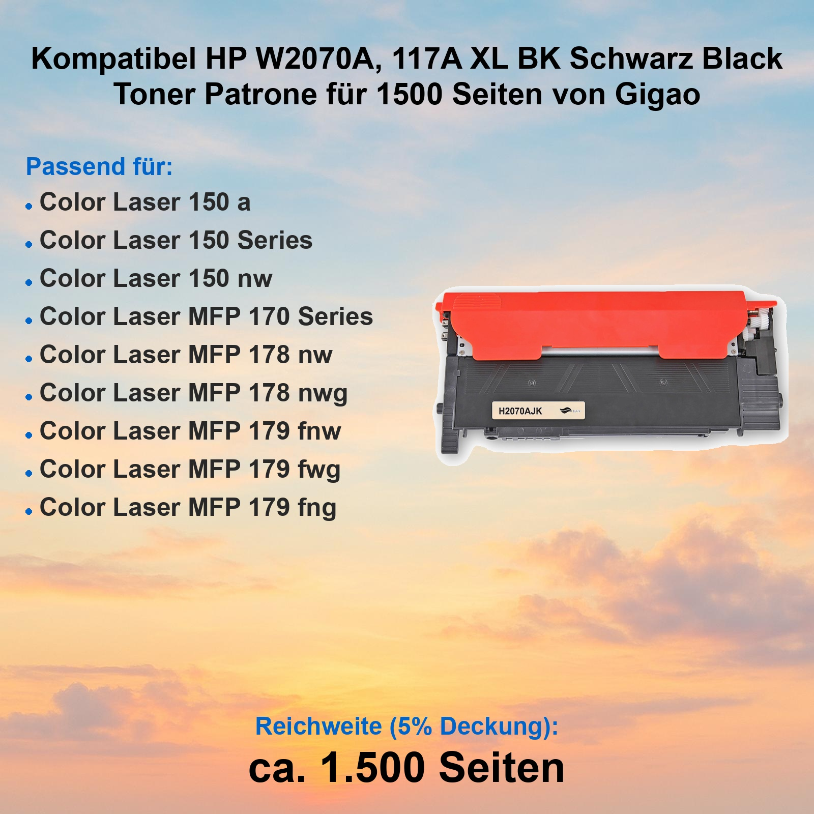 Schwarzer HP W2070A Toner für 1500 Seiten, mit kompatiblen Druckermodellen.
