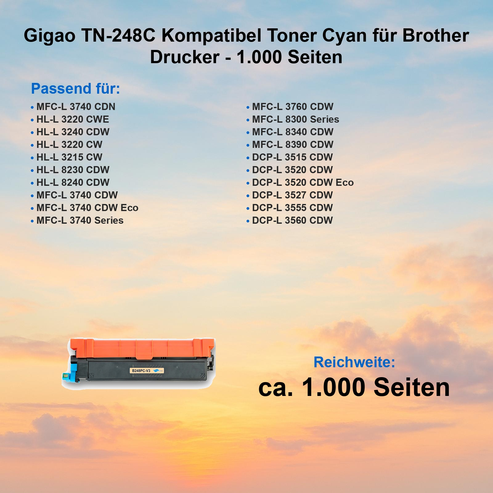 Cyan Toner für Brother Drucker, kompatibel mit vielen Modellen, ca. 1000 Seiten.