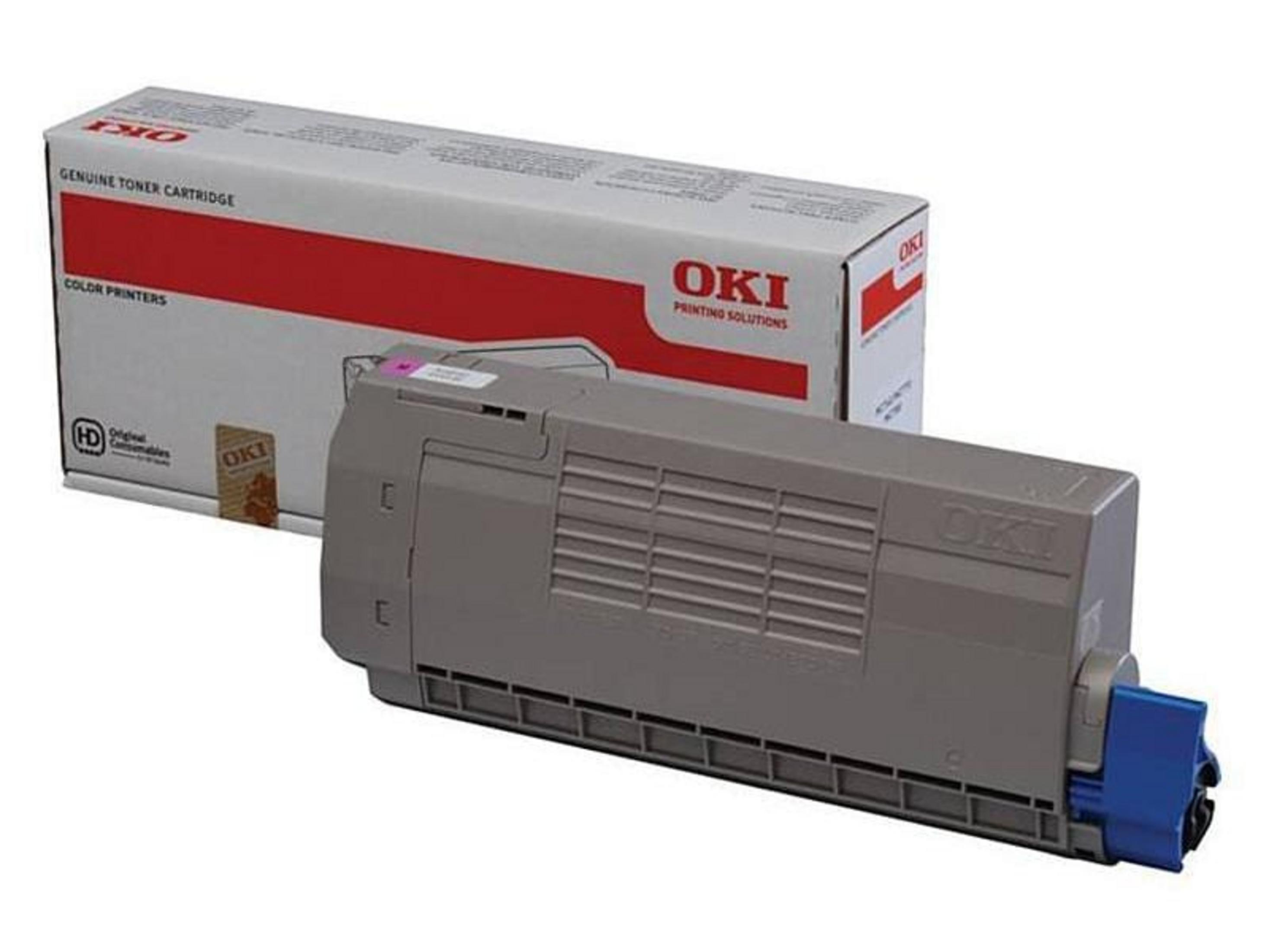 Cartuccia toner OKI grigia con chiusura blu accanto alla sua scatola.