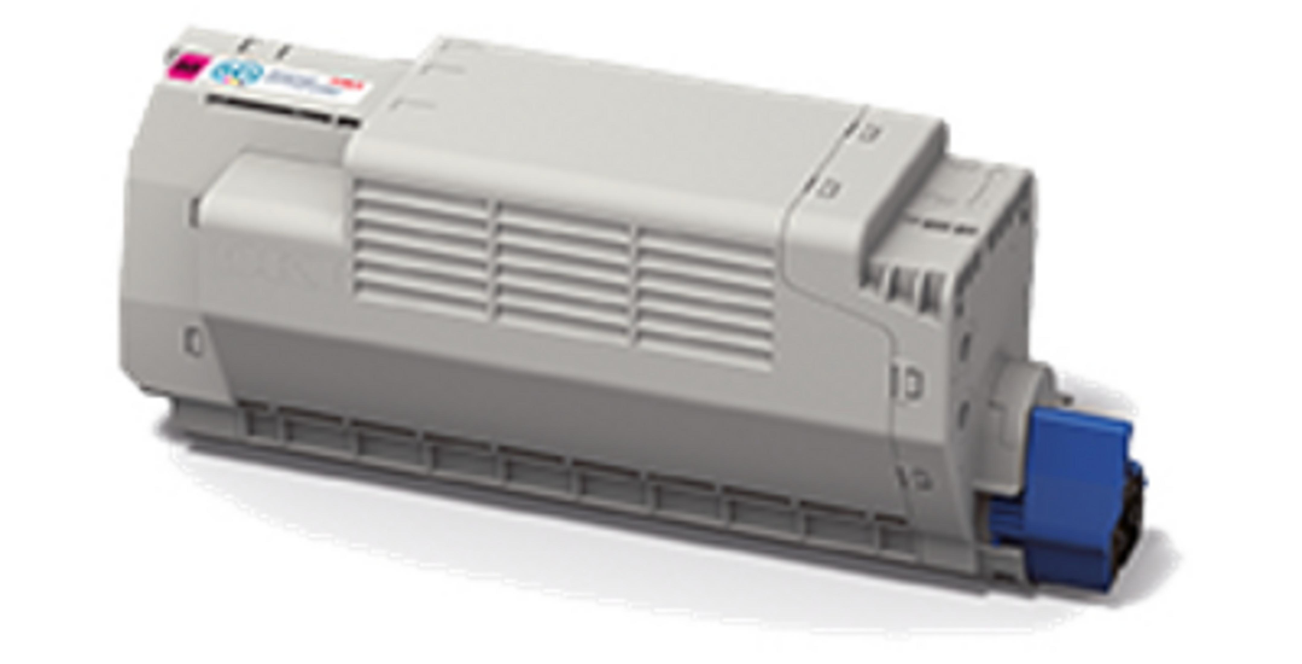 Cartuccia toner grigia con connettore blu, isolata su bianco.