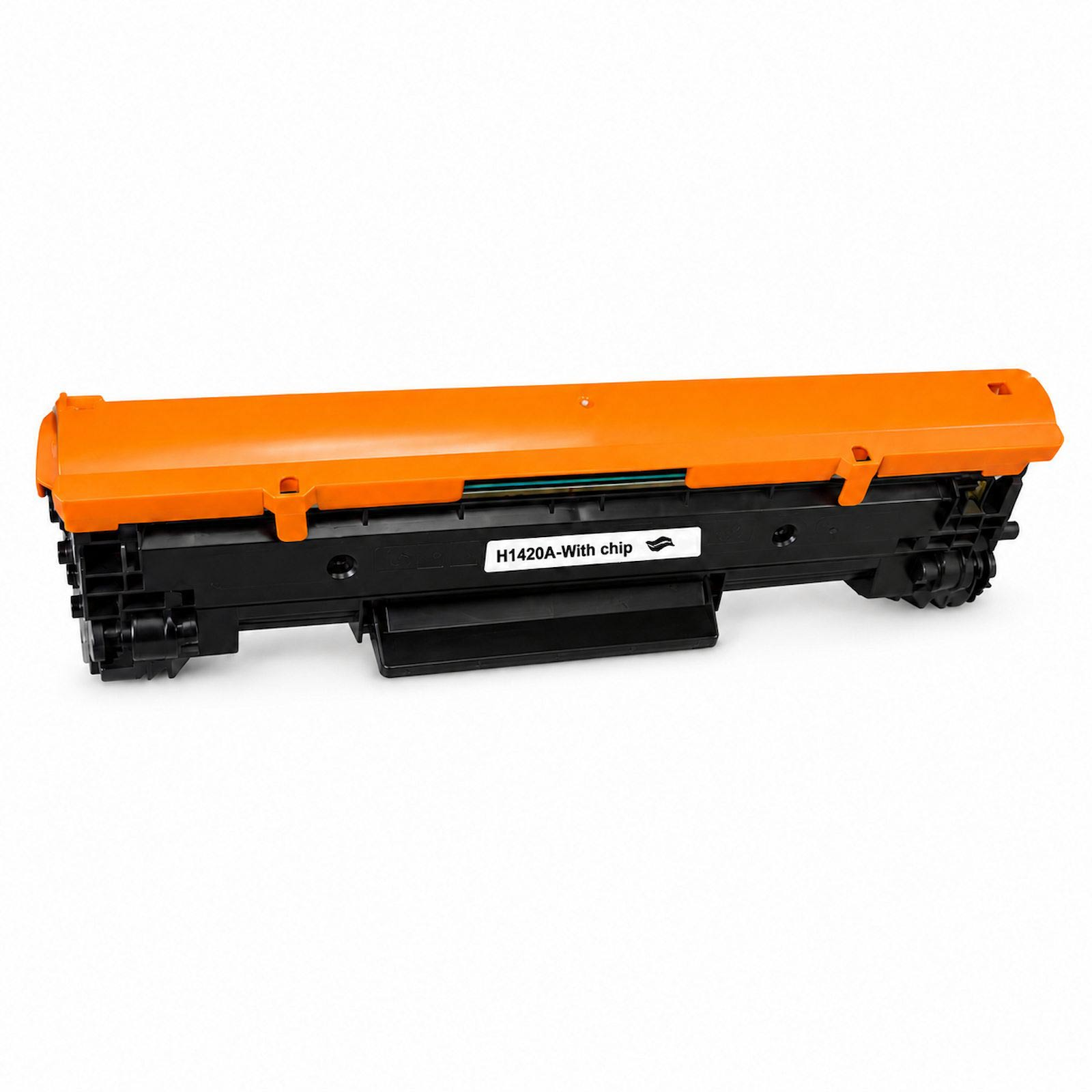 Ein schwarzer Toner mit einem orangefarbenen Gehäuse und einem Chip.