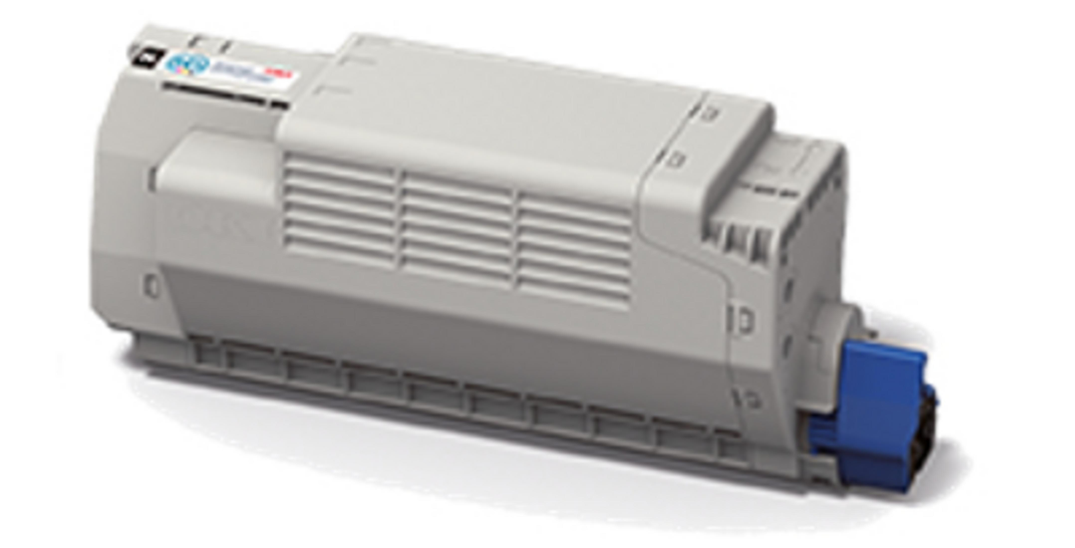 Cartuccia toner grigia con coperchio connettore blu.