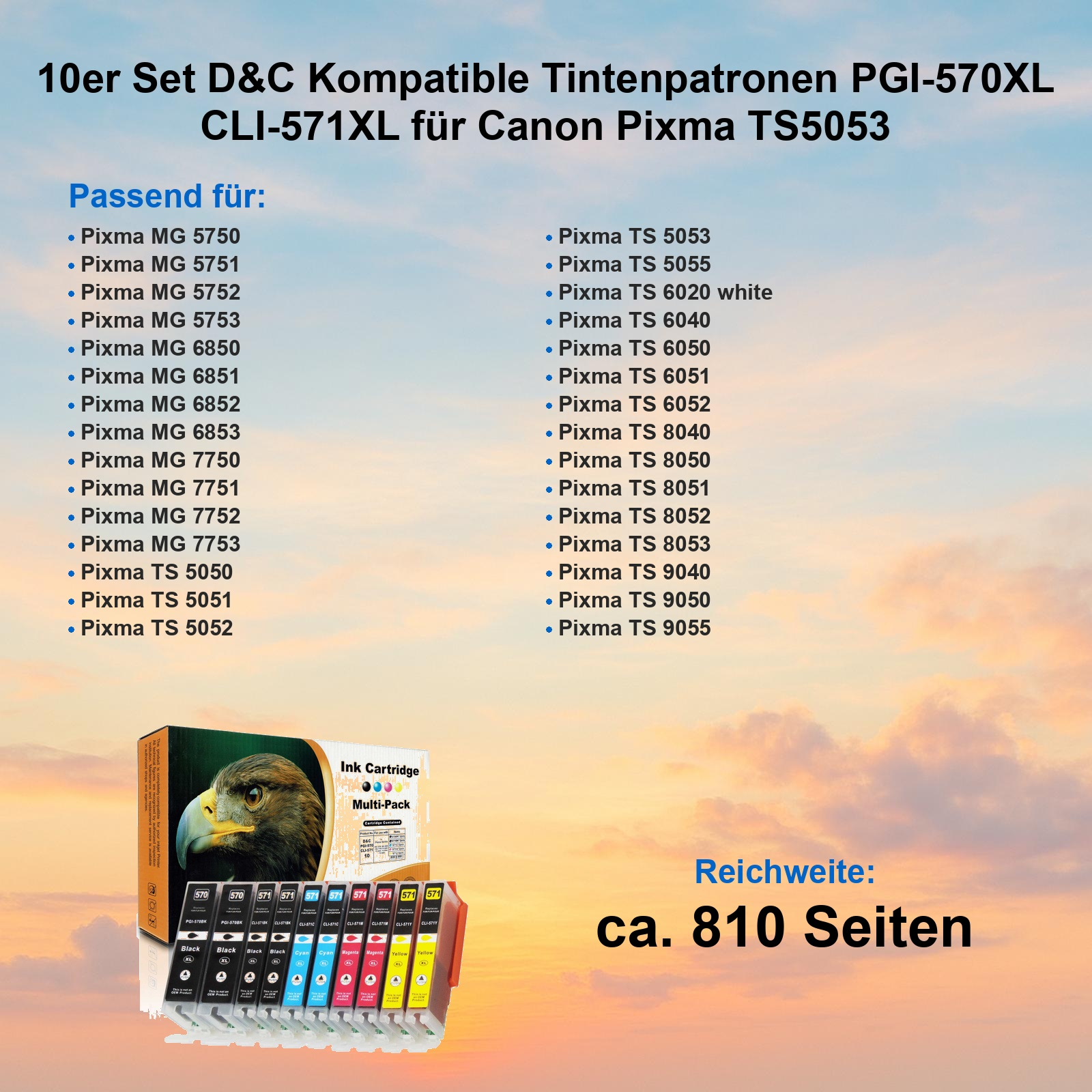10er Set Tintenpatronen für Canon Pixma TS5053. Enthält 10 Patronen.
