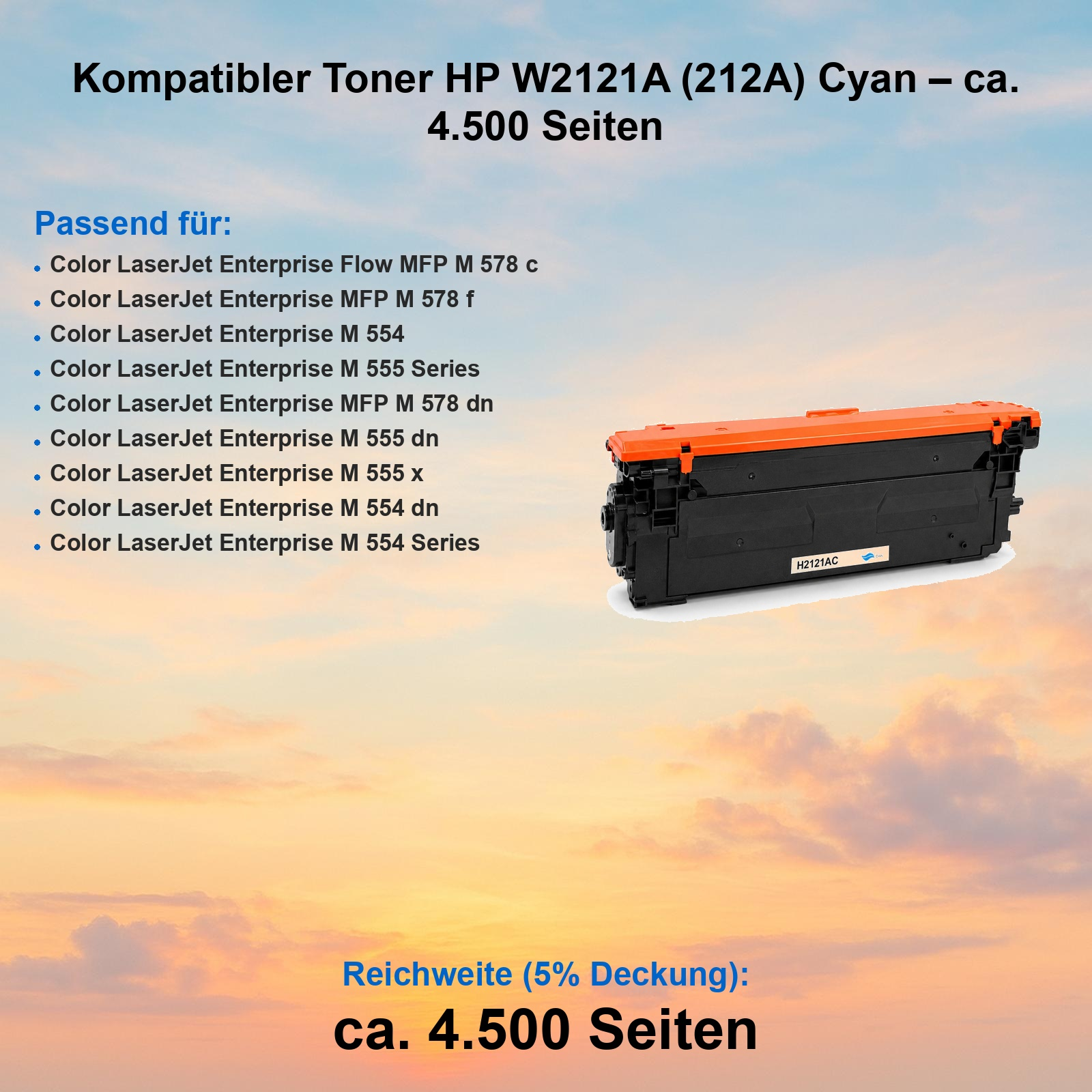 Ein cyanfarbener HP Toner, Modell W2121A, mit 4.500 Seiten Reichweite.