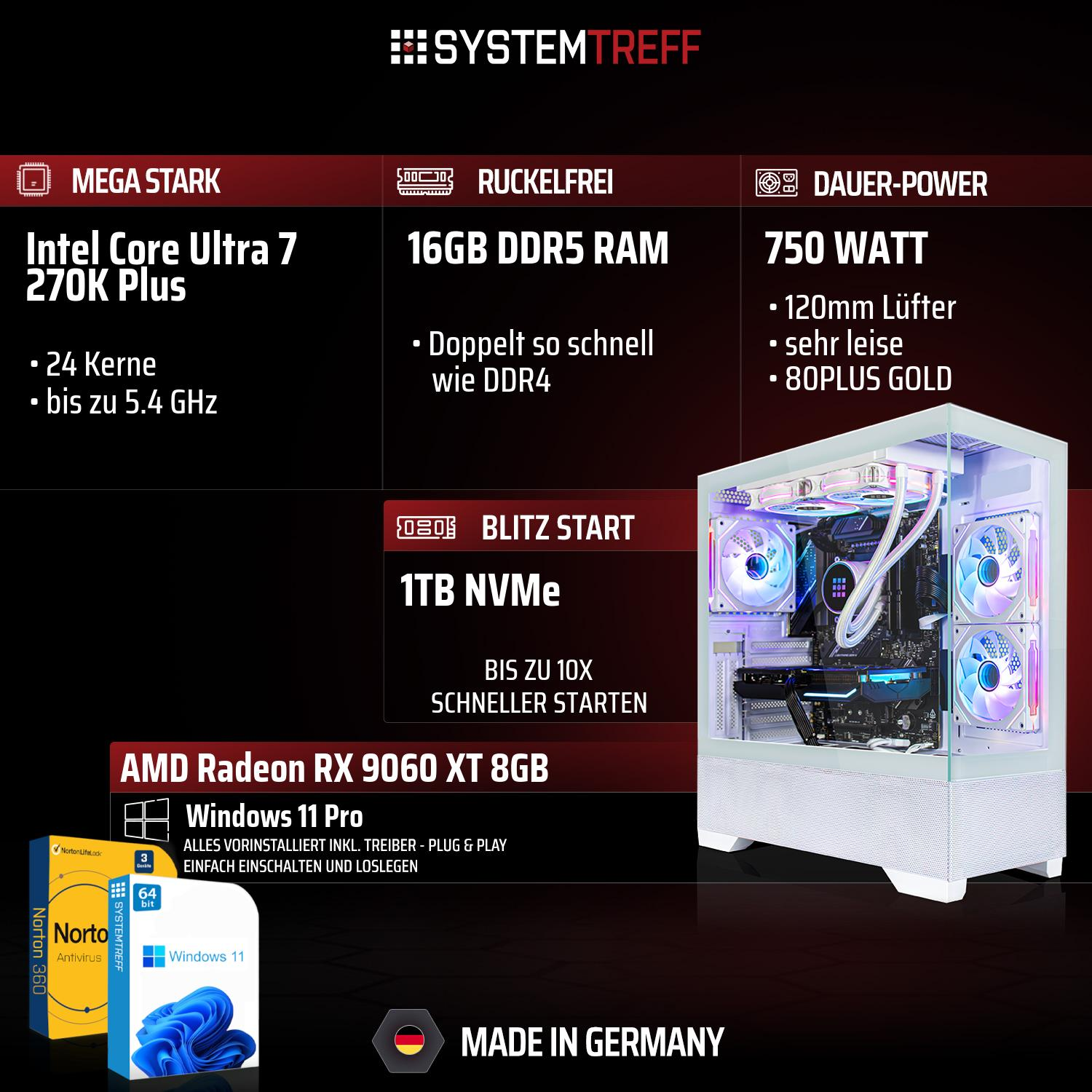 Ein Gaming-PC mit Intel Core Ultra 7, 16GB DDR5 RAM, 1TB NVMe, AMD Radeon RX 9060 XT.