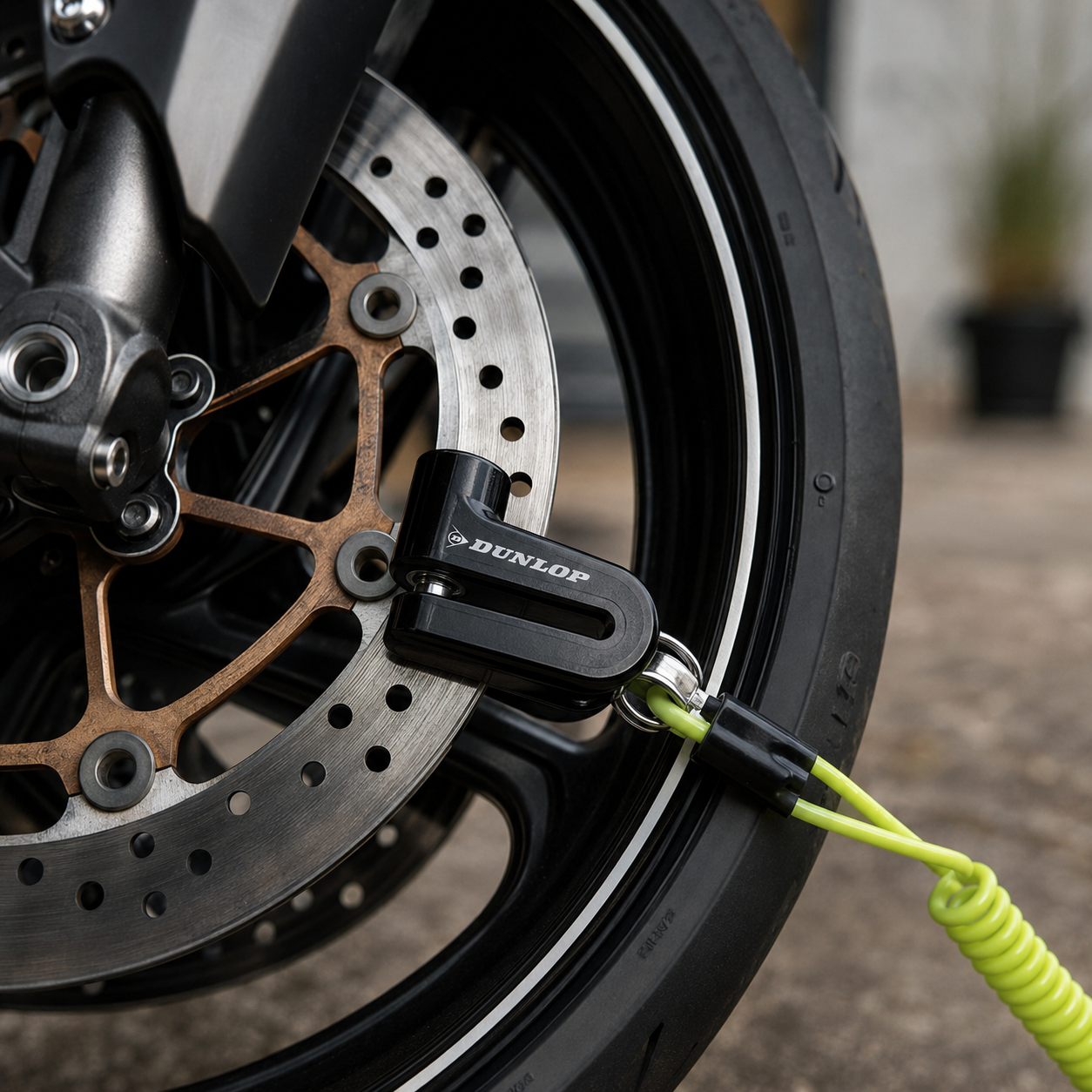 Zwart Dunlop schijfrem slot op motorremklauw met neongroen herinneringskabel.