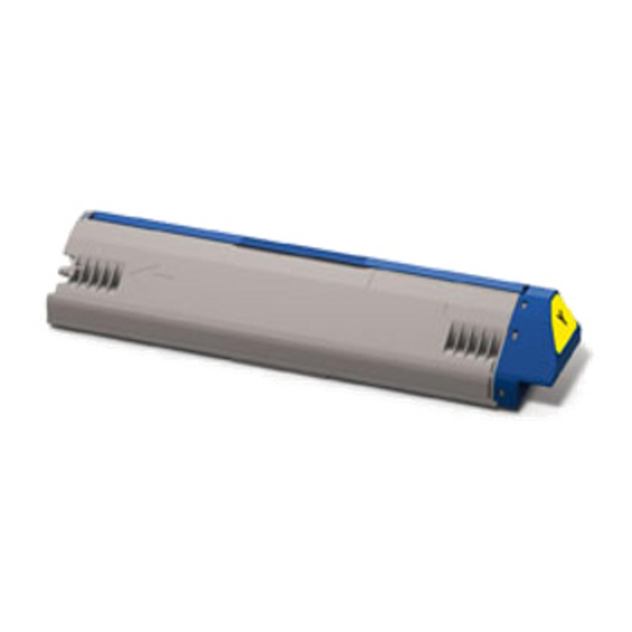 Cartuccia toner grigia con accenti blu e gialli, su sfondo bianco.