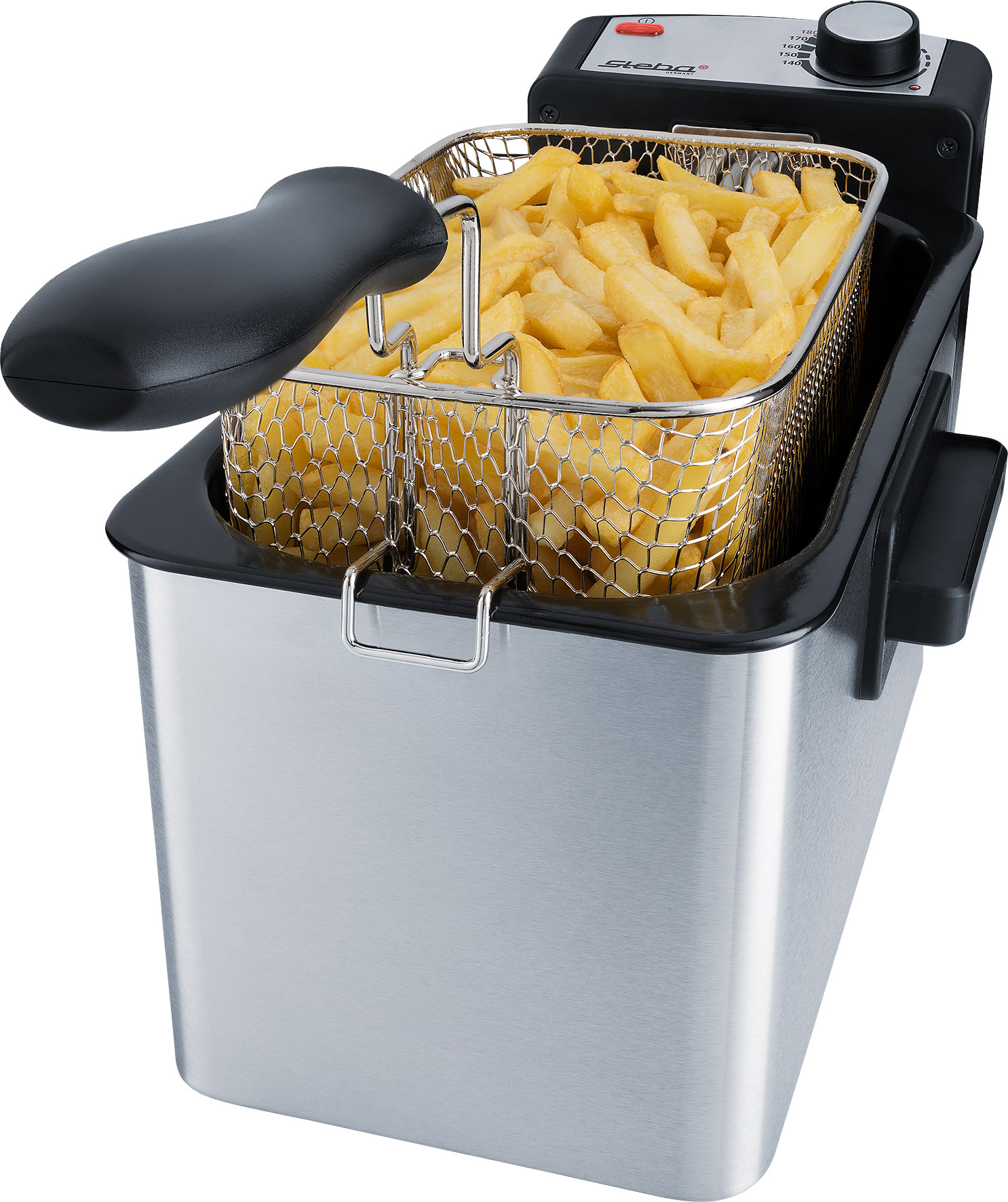 Eine silberne Fritteuse mit einem Korb voller goldener Pommes Frites.