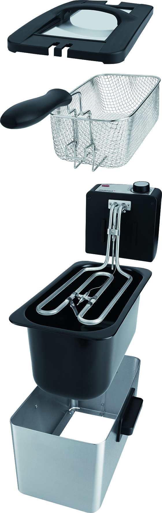 Ein zerlegter Fritteusen-Aufbau mit Deckel, Korb und Heizelement.