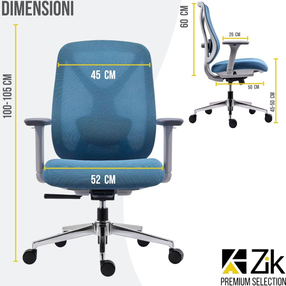 Sedia da ufficio blu con dimensioni: altezza 100-105 cm, larghezza 45 cm, larghezza seduta 52 cm.