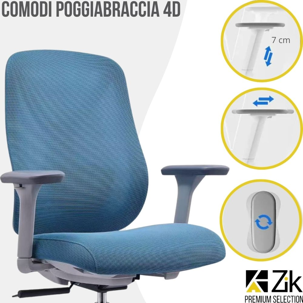 Sedia da ufficio blu con braccioli regolabili e immagini dettagliate.