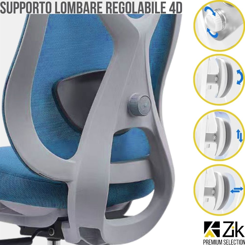 Schienale sedia ufficio con seduta blu e supporto grigio.