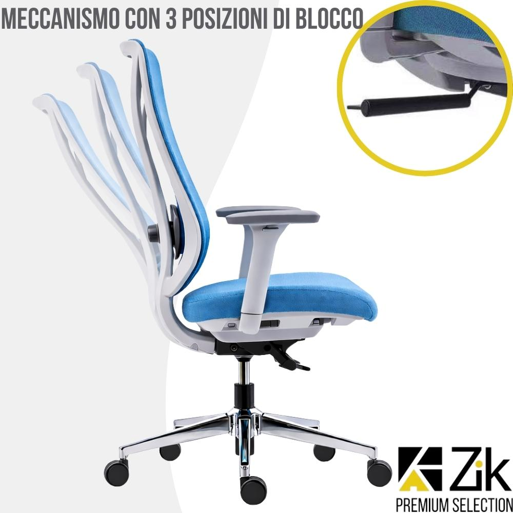 Sedia da ufficio blu con schienale regolabile e ruote. Dettaglio del meccanismo.