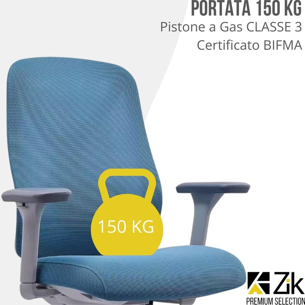 Sedia da ufficio blu con indicatore di peso giallo da 150 KG.