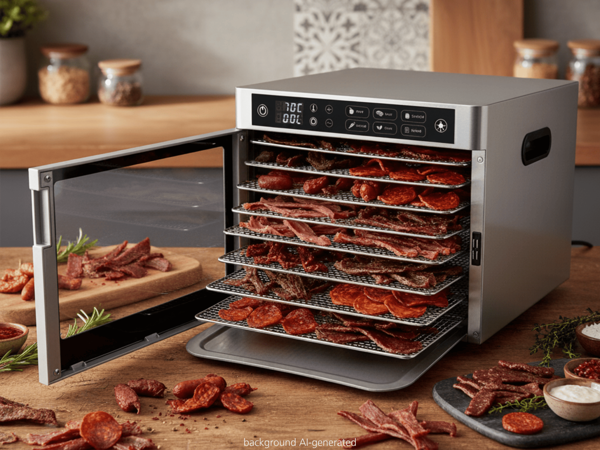 Un essiccatore alimentare con vassoi pieni di jerky e salsicce, aperto su un tavolo di legno.
