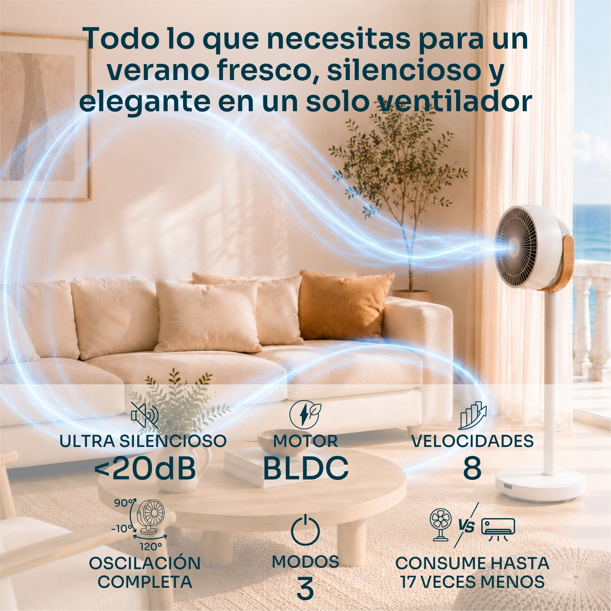 Un ventilador de pie blanco con detalles de madera en una sala elegante con sofá y vista al mar.