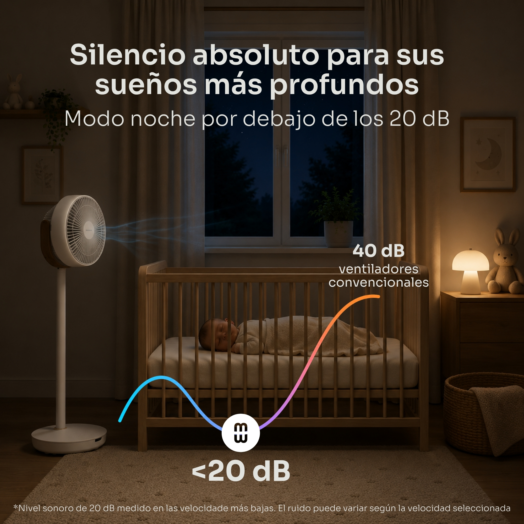 Un bebé duerme en una cuna, un ventilador cerca. Escena nocturna.