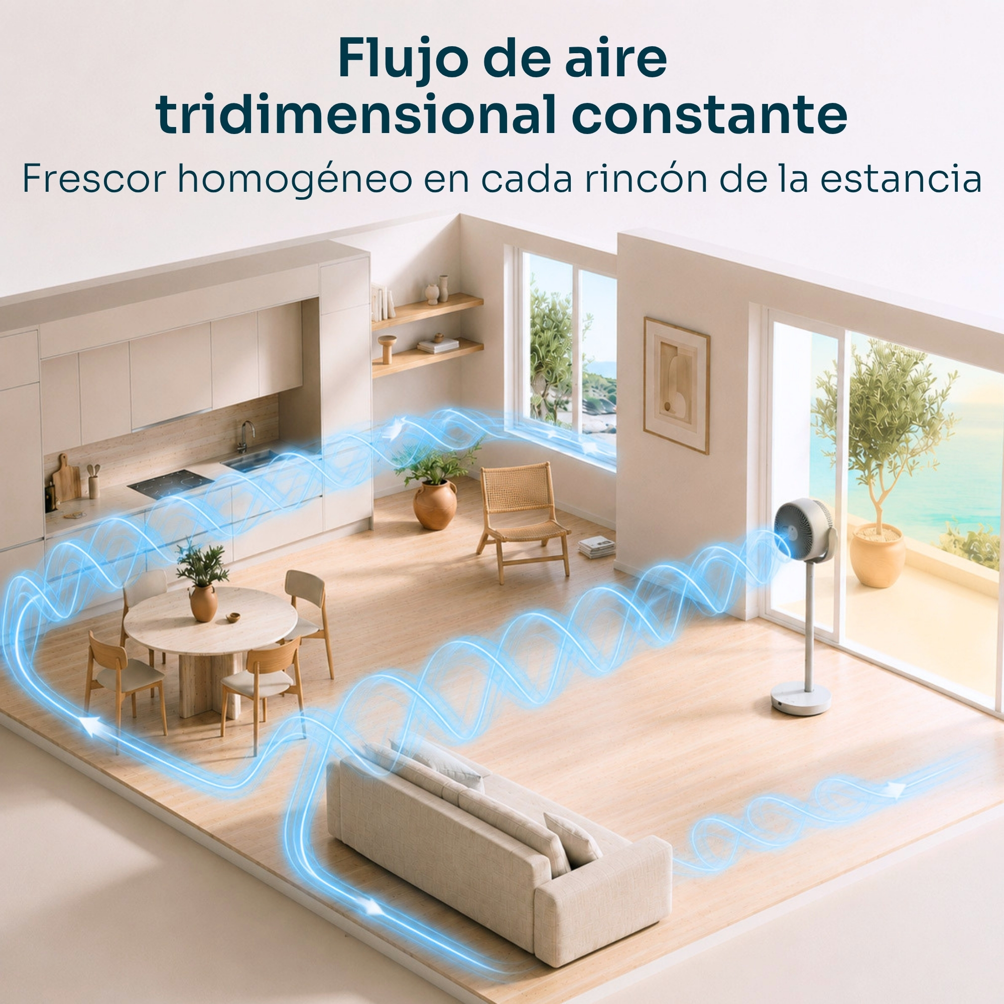 Un espacio moderno con sofá, mesa de comedor y ventilador que genera flujos de aire azules.