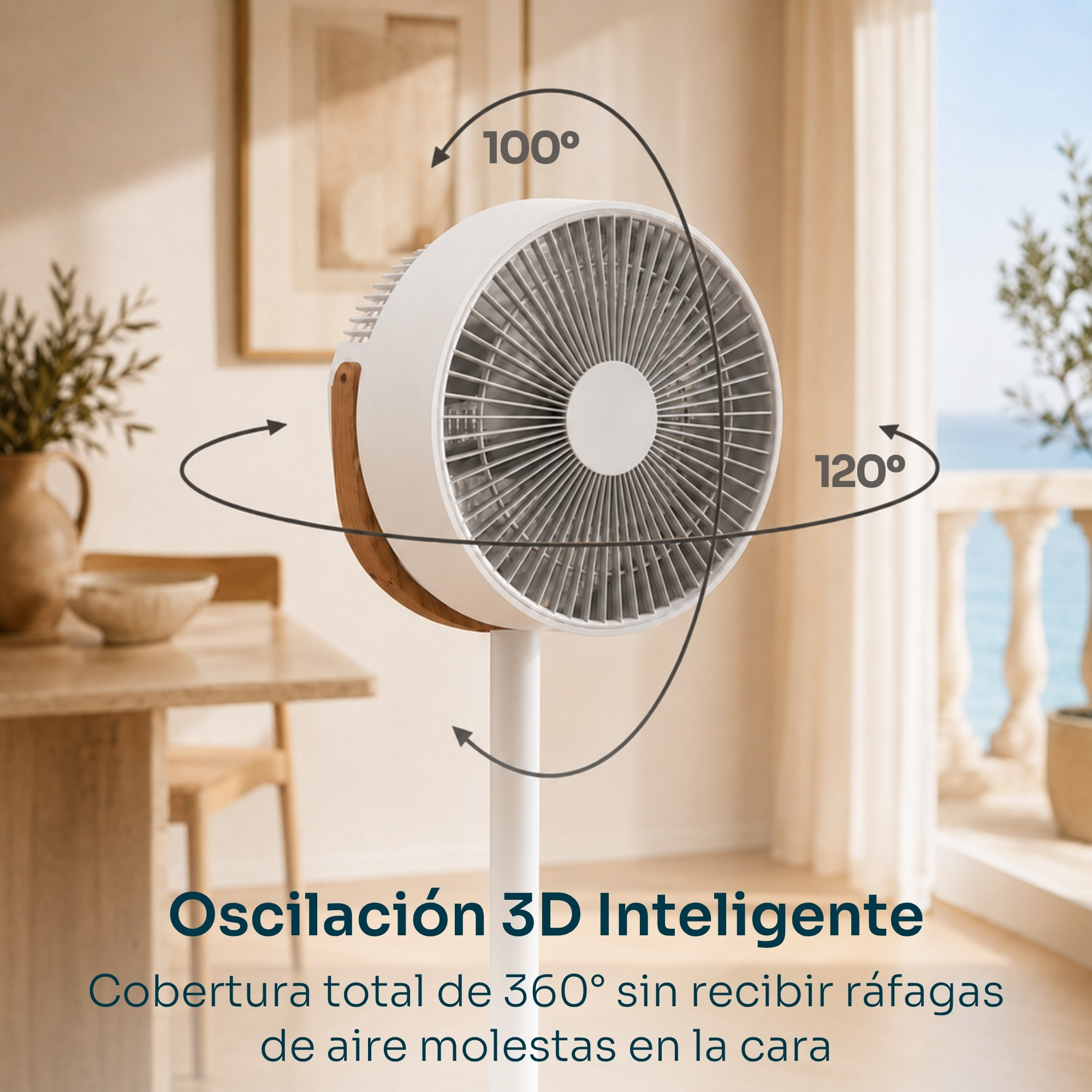 Un ventilador blanco con detalles de madera oscila 100° y 120°.
