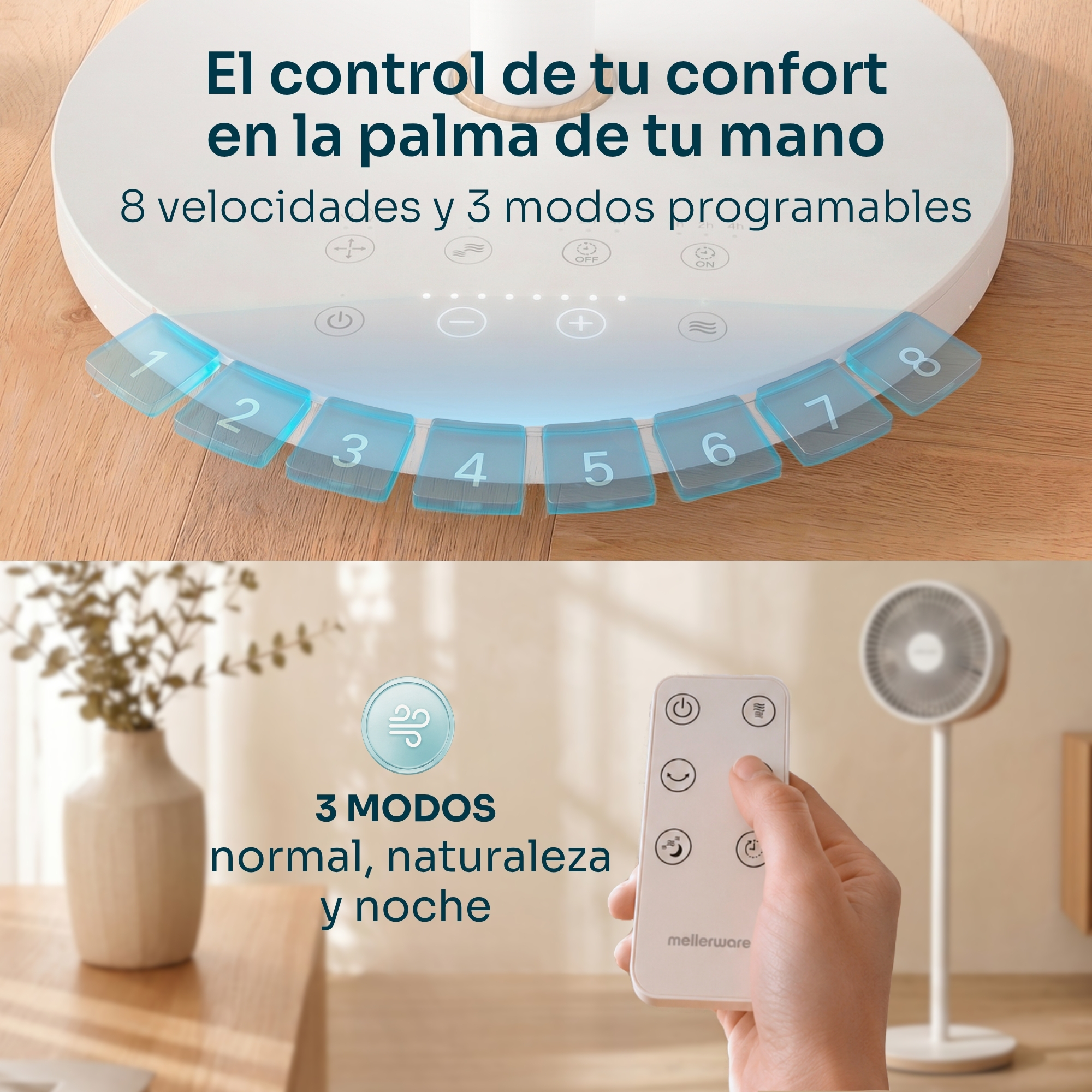 Un ventilador con control remoto y pantalla de velocidad en el suelo.