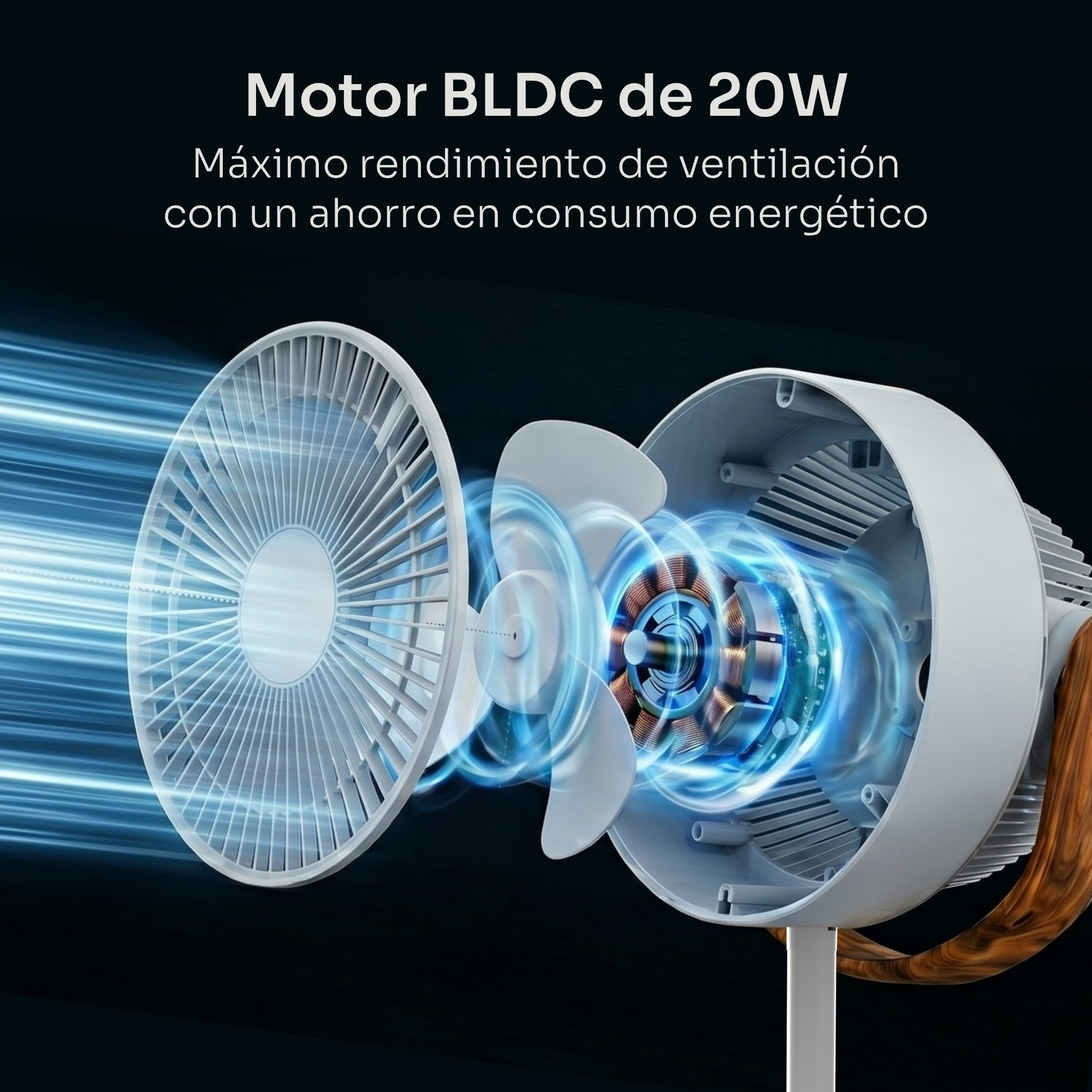 Un motor BLDC de 20W que genera flujo de aire, mostrando componentes.