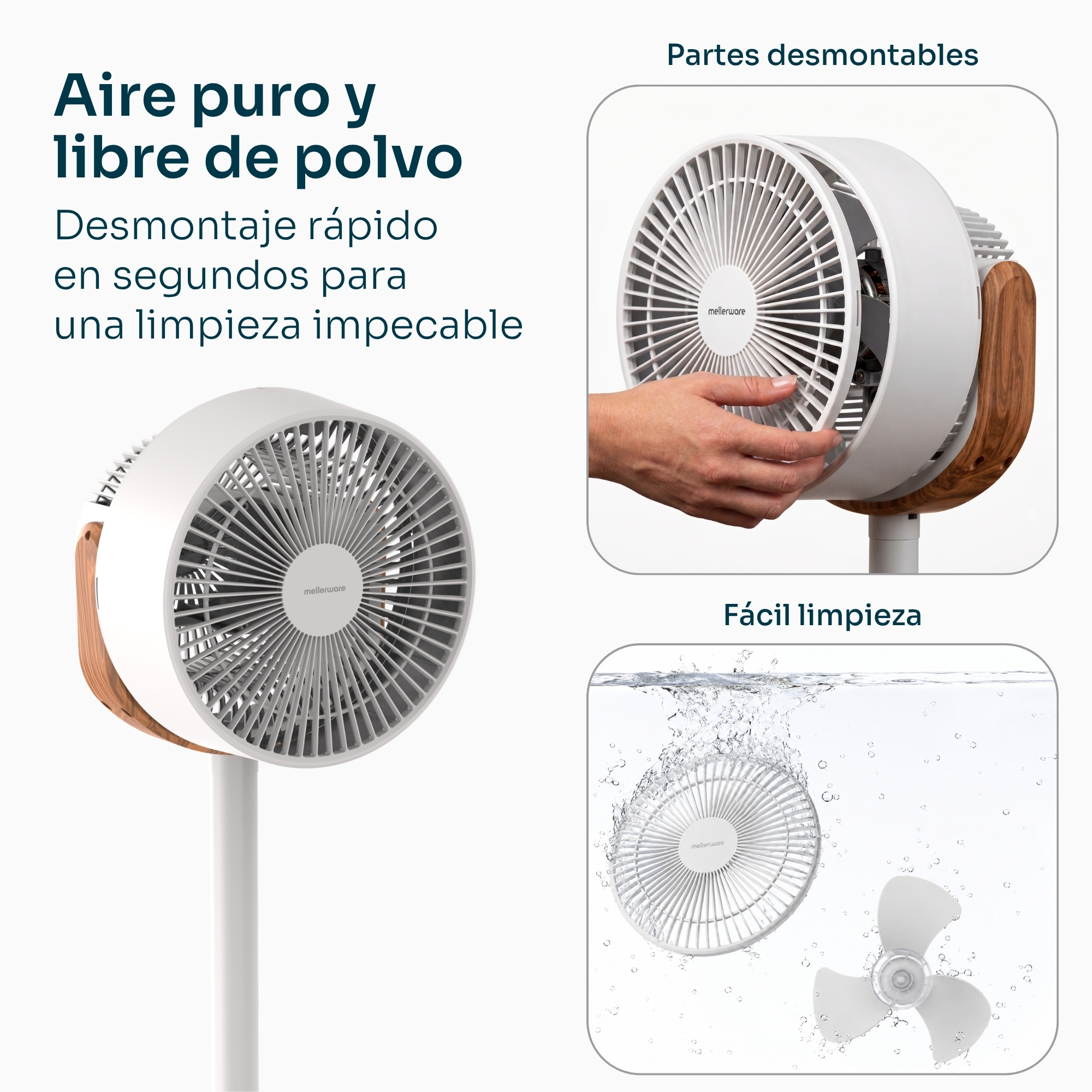 Un ventilador de pie blanco con detalles de madera se muestra en tres escenas: vista general, desmontaje, limpieza.