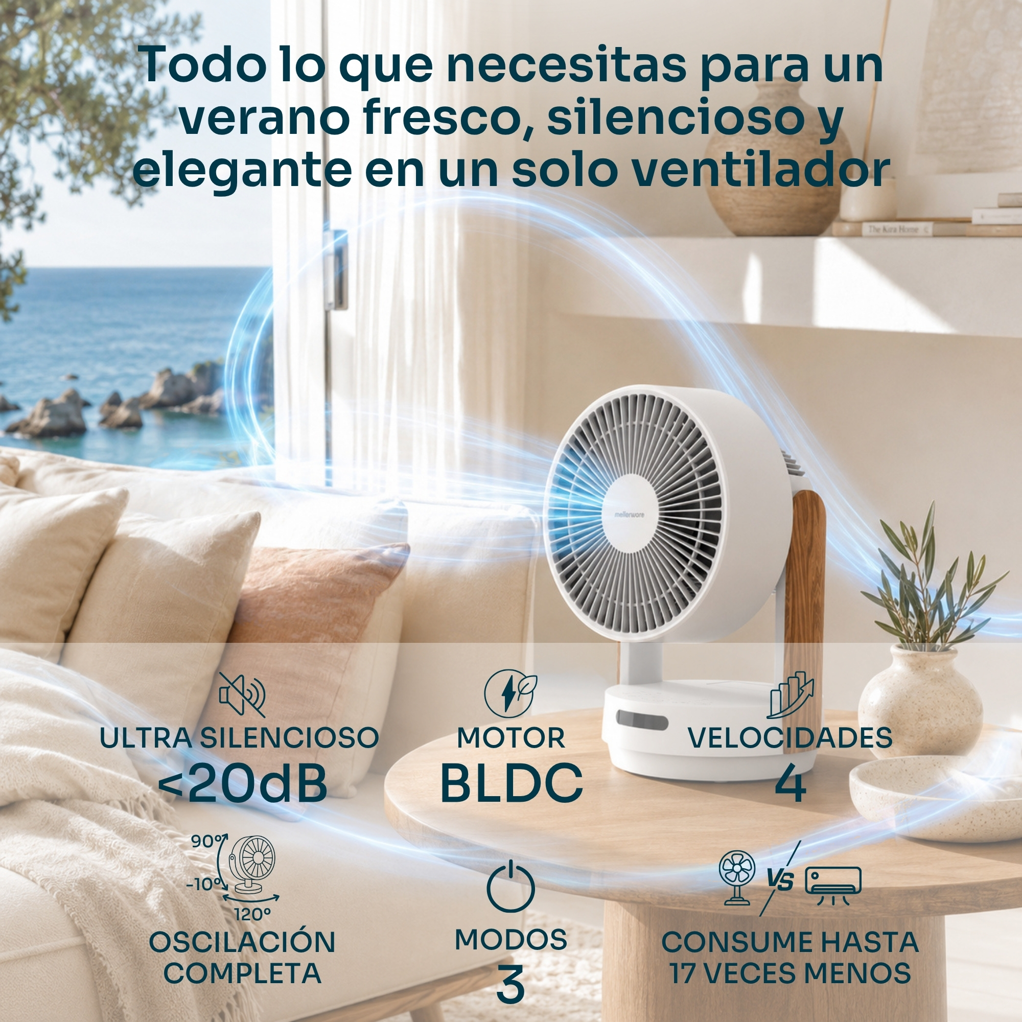 Un ventilador blanco con base de madera está sobre una mesa junto a una vase.
