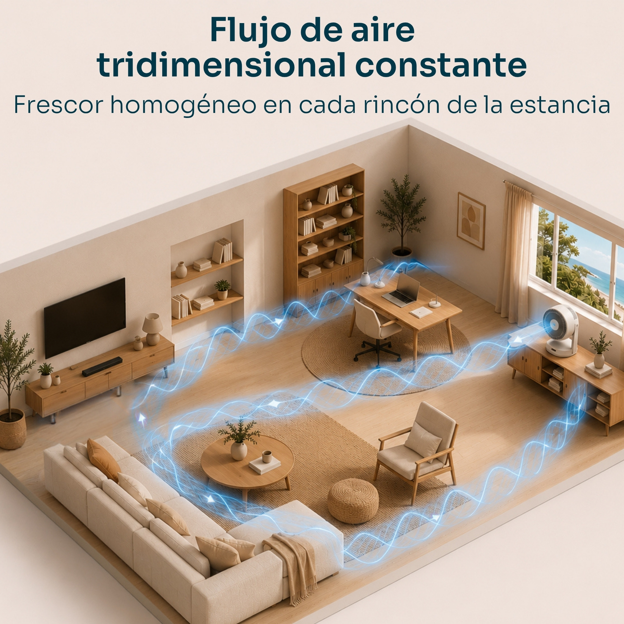 Una sala con sofá, escritorio y ventilador, con corrientes de aire azules.