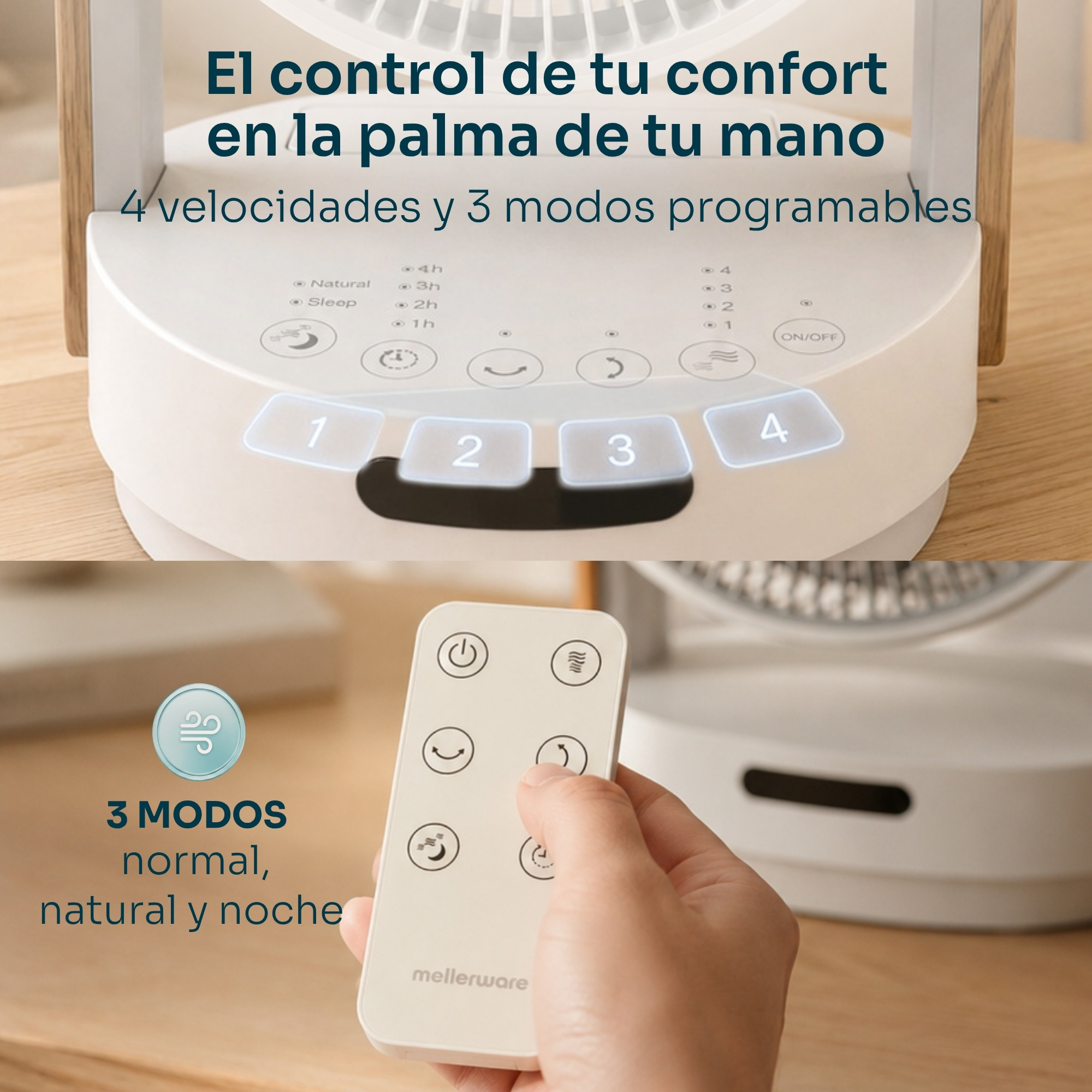 Un ventilador con control remoto. Muestra 4 velocidades y 3 modos programables.