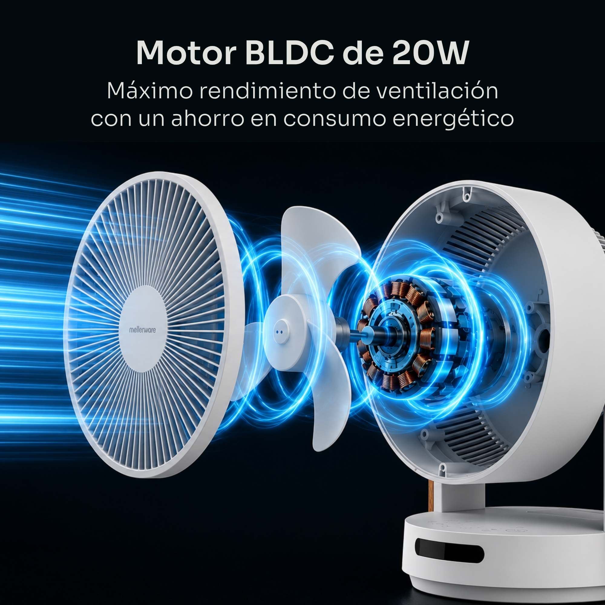 Un ventilador blanco con motor BLDC expuesto y líneas de efecto azul.