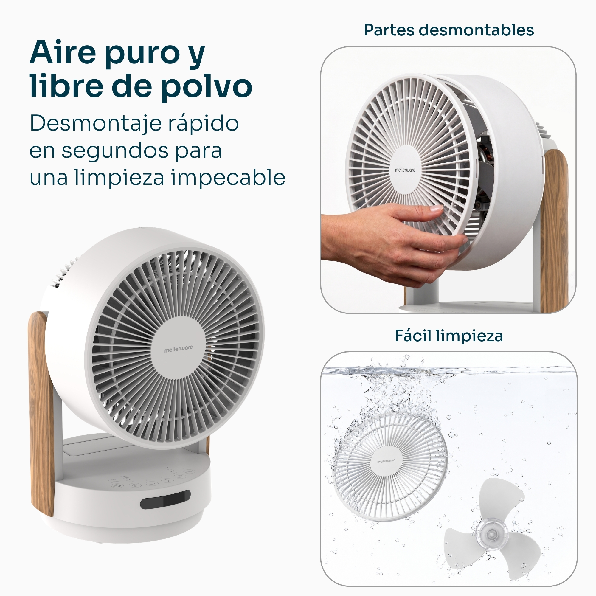 Un ventilador blanco con detalles de madera, mostrado desmontado y sumergido para fácil limpieza.