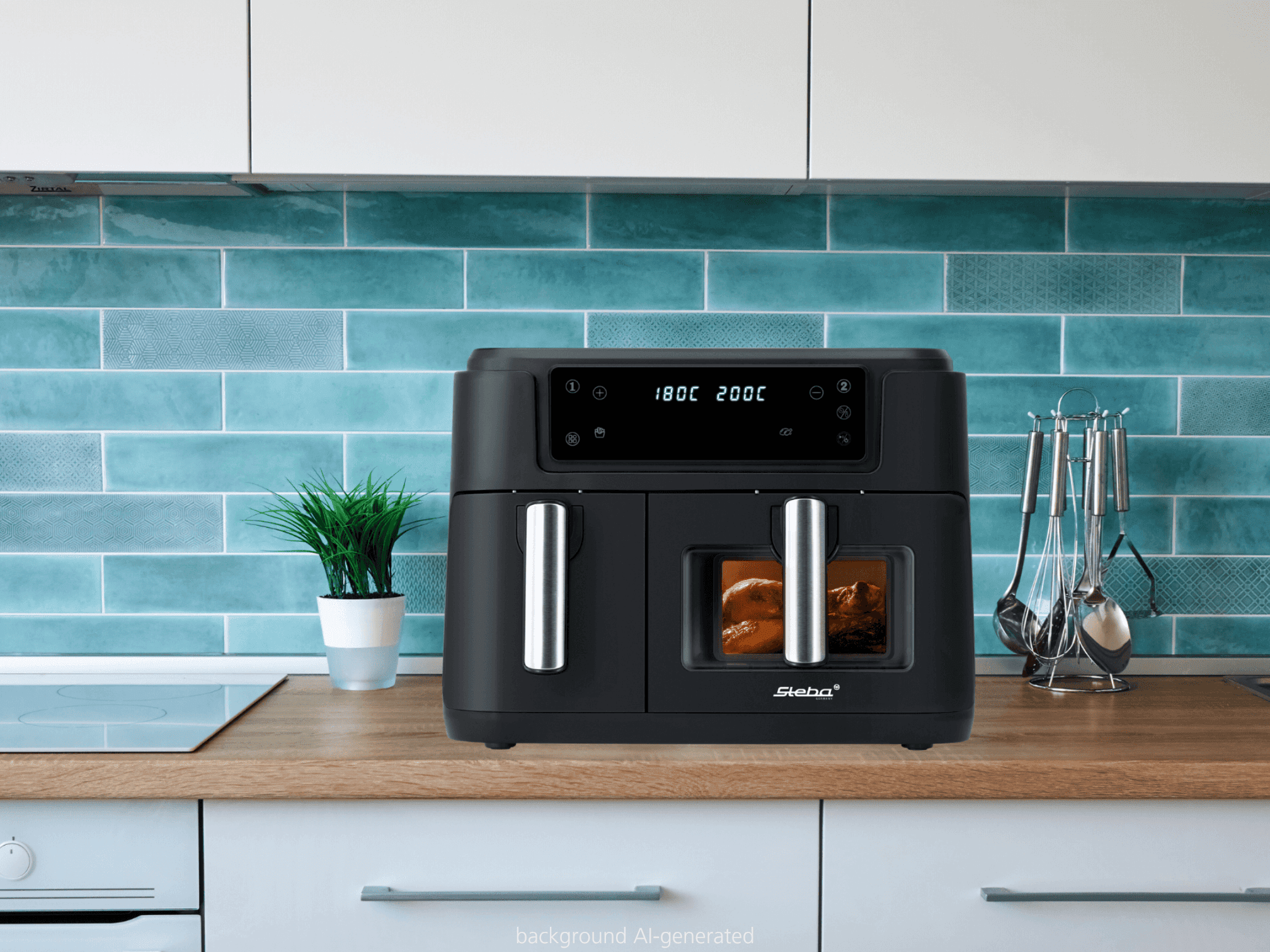 Una friggitrice ad aria doppia nera con finestre di visualizzazione sul piano cucina.