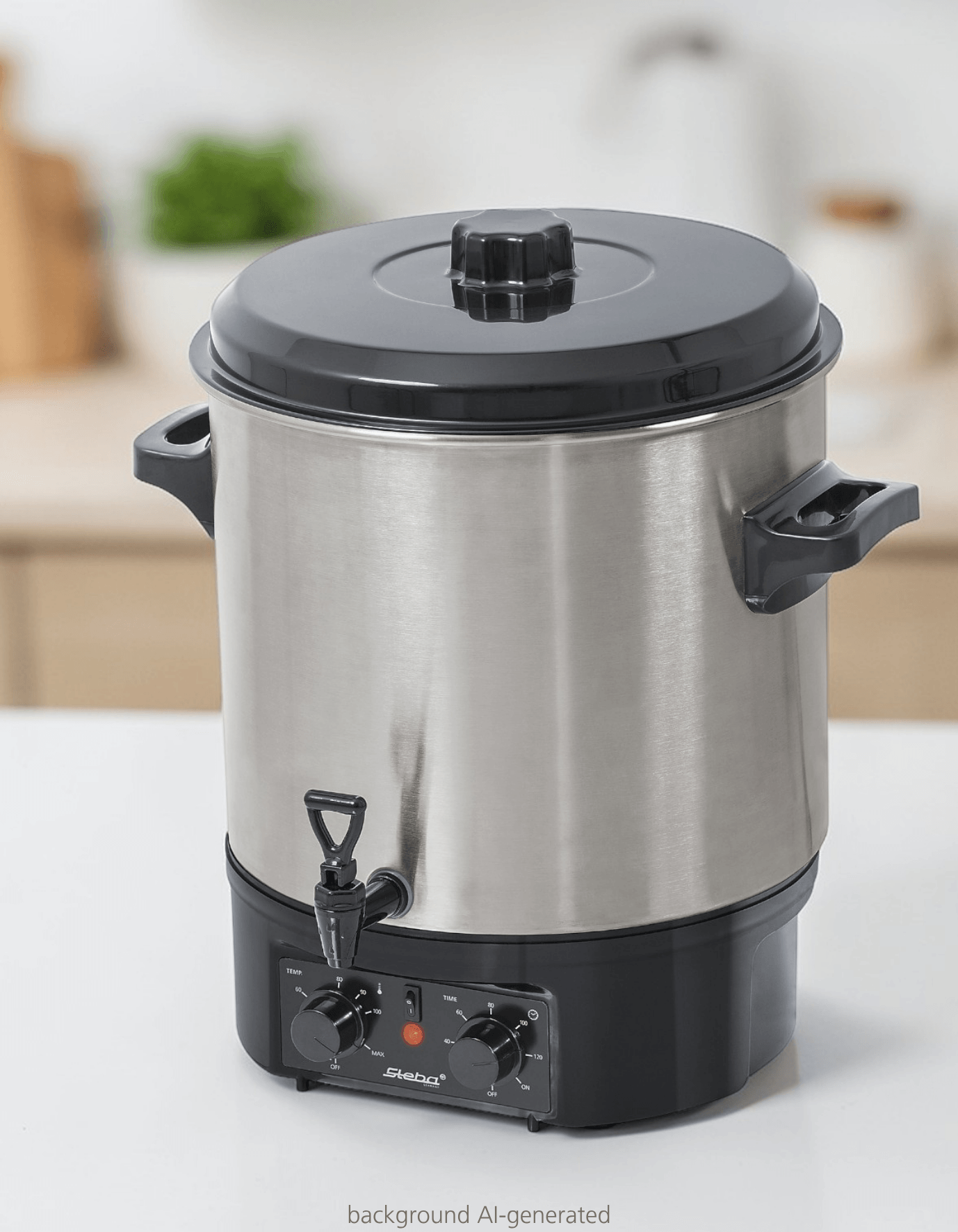 Un bollitore in acciaio inox con coperchio e manico neri. Ha un rubinetto e manopole.