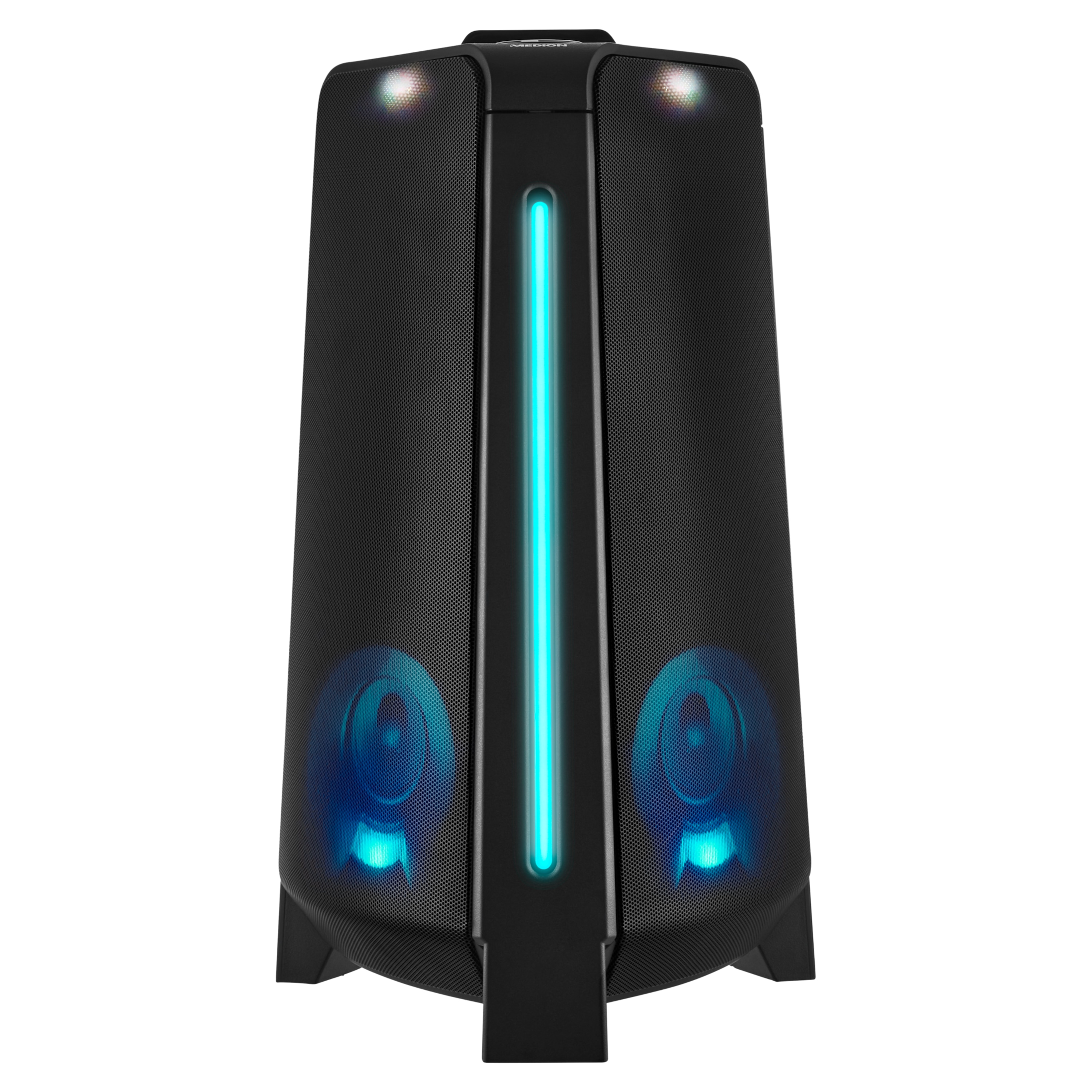 Schwarzer Lautsprecher mit blauen Lichtern und Gitterfront.