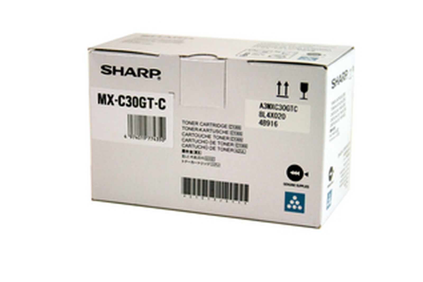 Weiße Sharp-Box mit MX-C30GT-C Toner-Aufschrift und Barcode.
