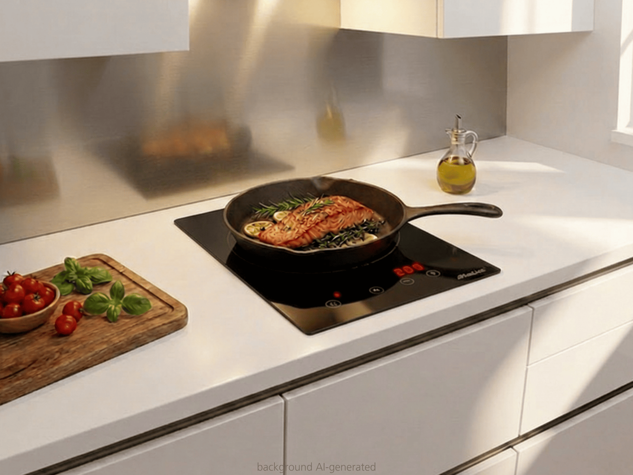 Lachs wird in einer gusseisernen Pfanne mit Zitrone und Kräutern auf einem Induktionskochfeld gebraten.