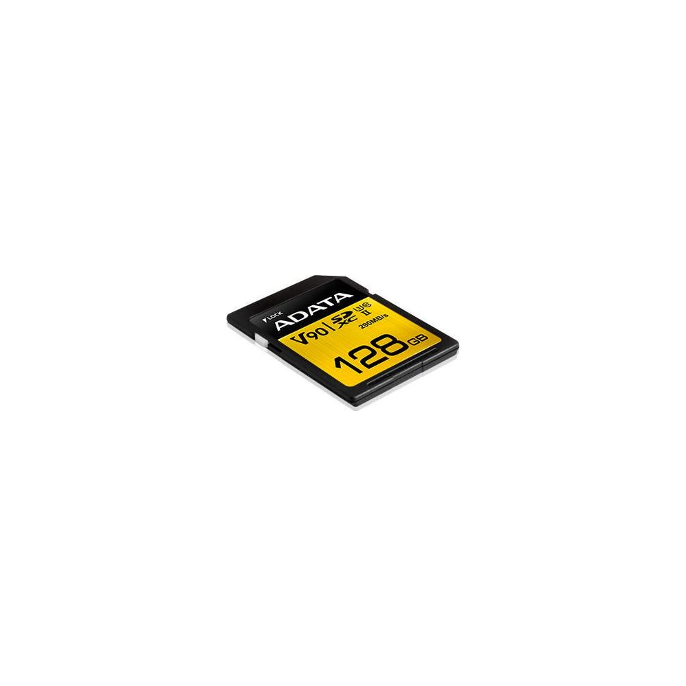 Una scheda di memoria ADATA 128GB V90 SDXC con custodia nera ed etichetta gialla.