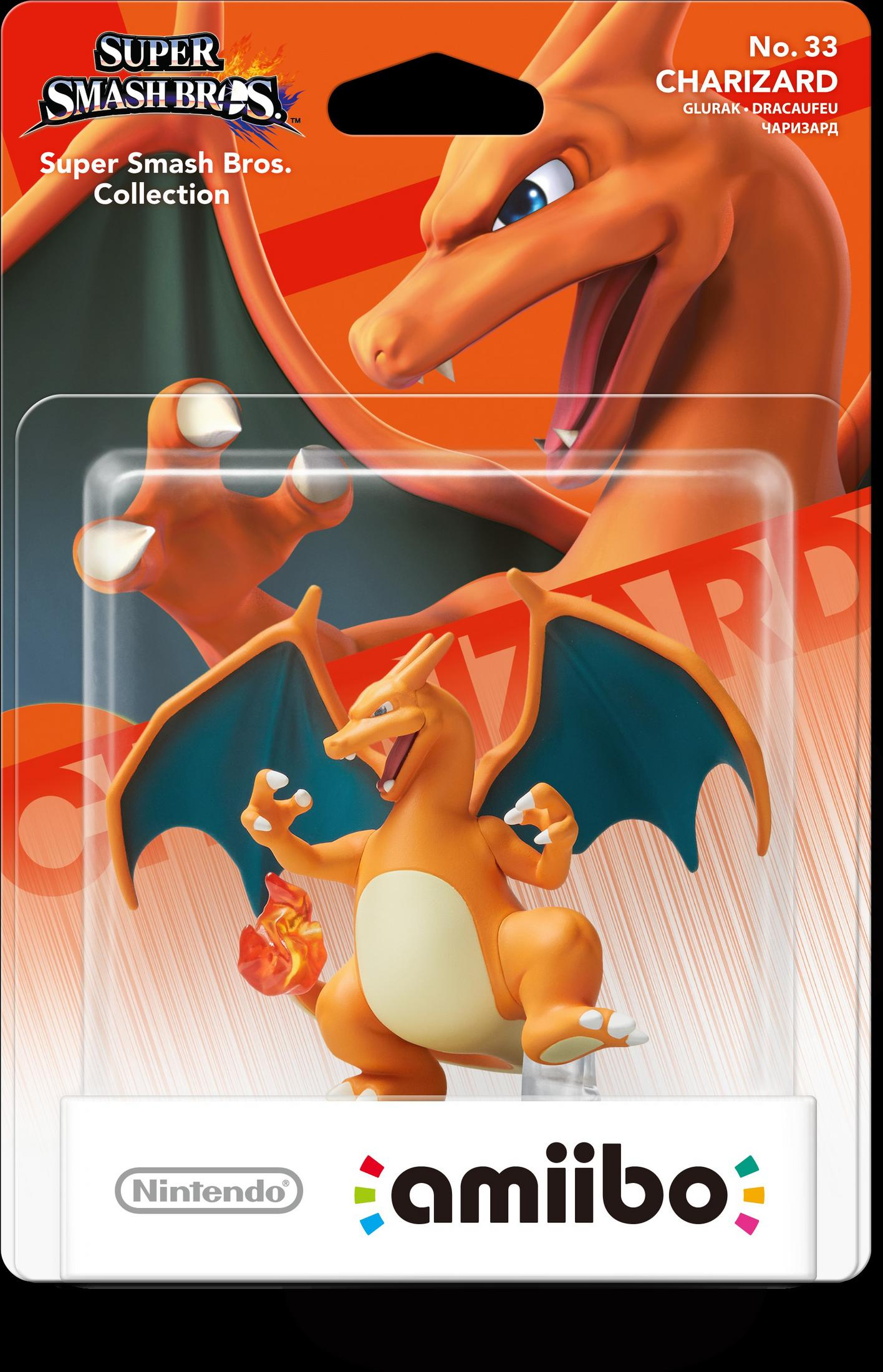 Statua Amiibo di Charizard di Super Smash Bros. in confezione, arancione con ali.