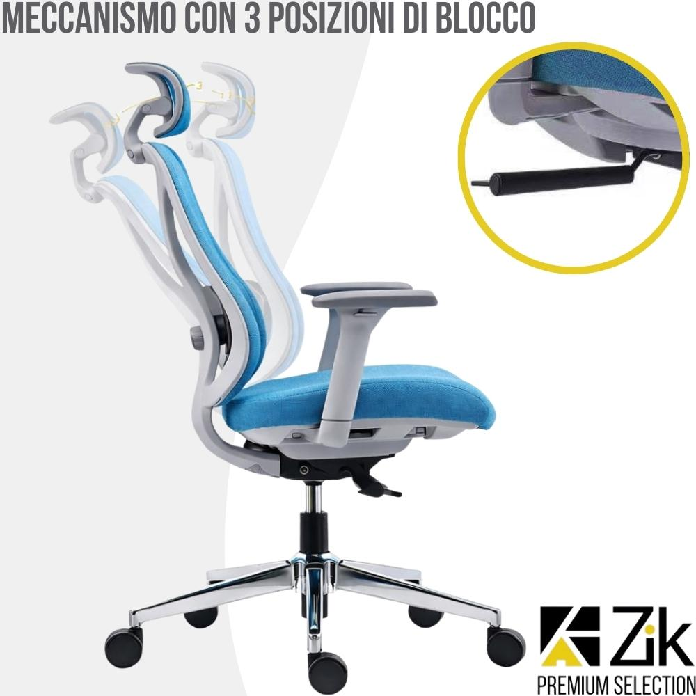 Sedia da ufficio ergonomica con seduta e schienale blu, regolabile.