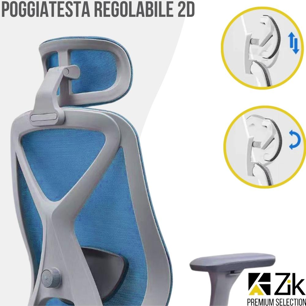 Sedia da ufficio ergonomica con schienale in rete blu e meccanismo poggiatesta regolabile.