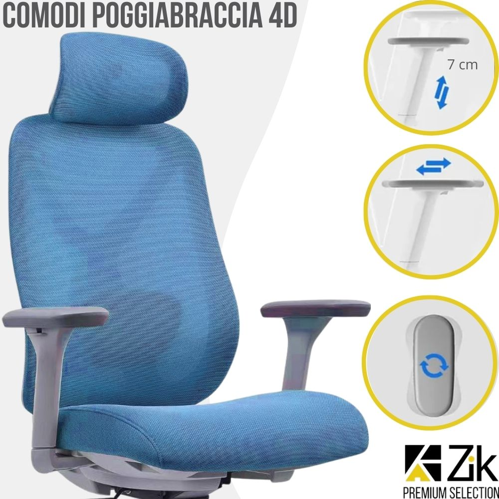 Sedia da ufficio blu con braccioli e poggiatesta regolabili.