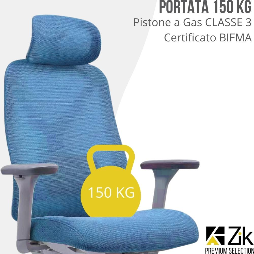 Una sedia da ufficio blu con un peso giallo da 150 kg sul sedile.
