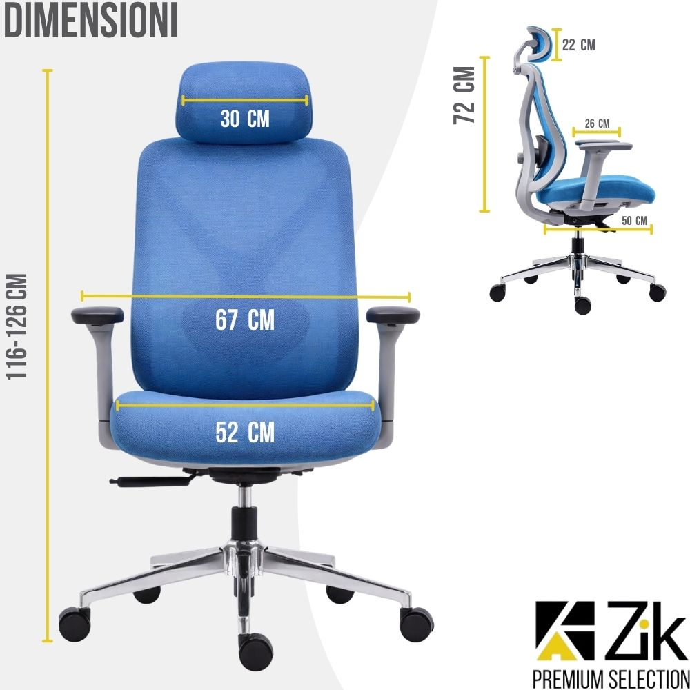 Dimensioni sedia ufficio blu: Altezza 116-126cm, Larghezza 67cm, Profondità seduta 52cm. Vista ridotta mostra 72cm.