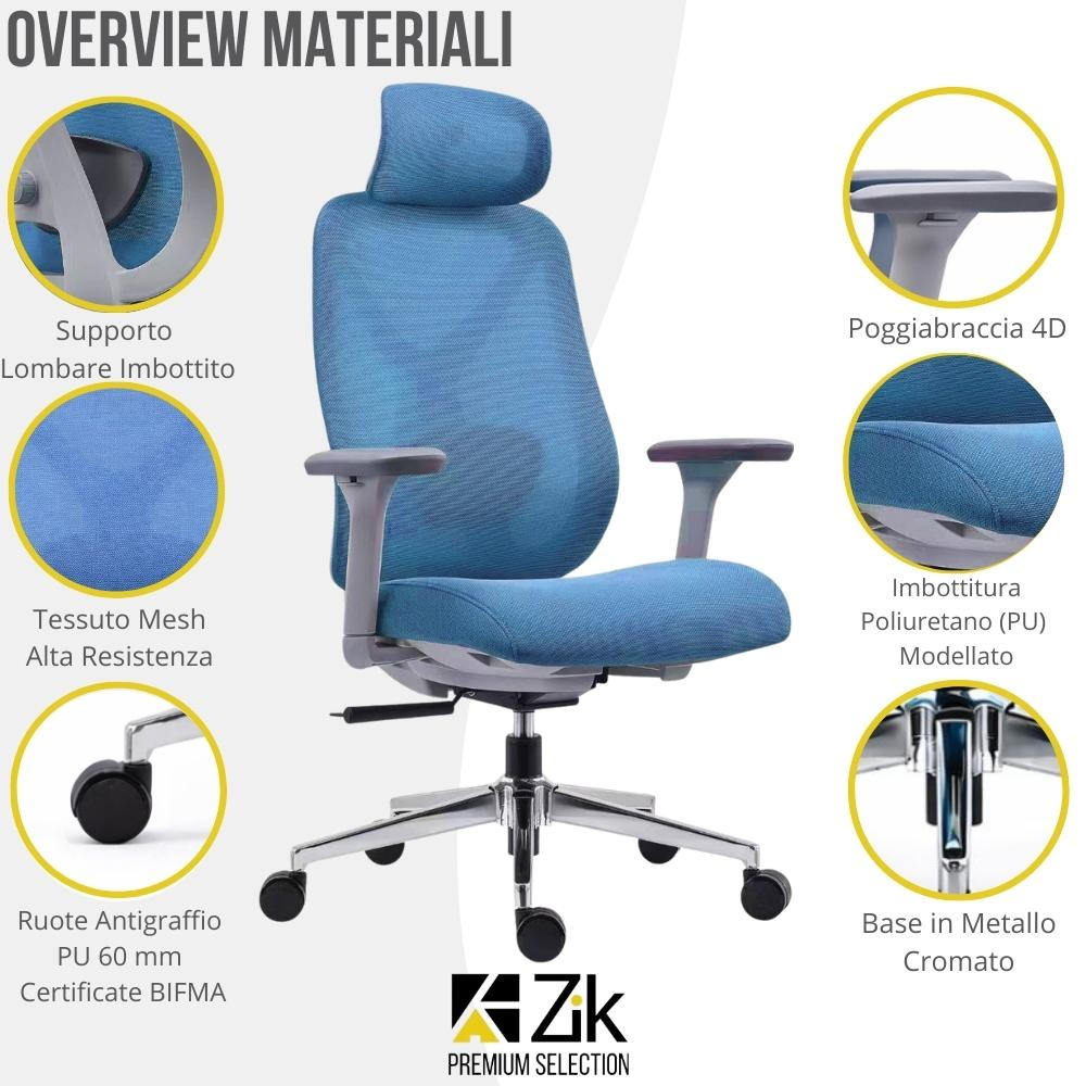 Sedia da ufficio blu con poggiatesta, braccioli regolabili e base cromata.