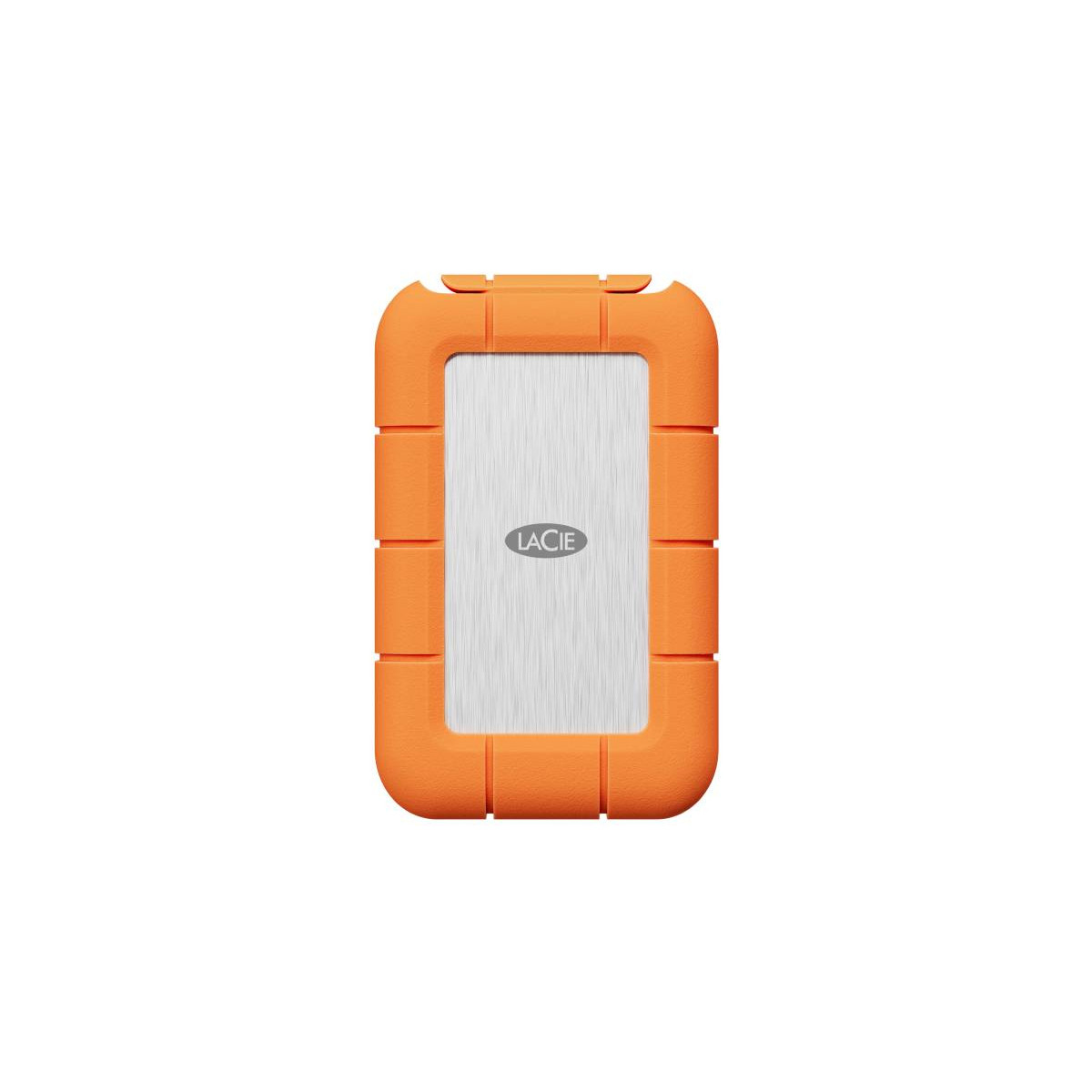 Ein oranges Rugged-Festplattengehäuse von LaCie mit silberner Oberfläche.