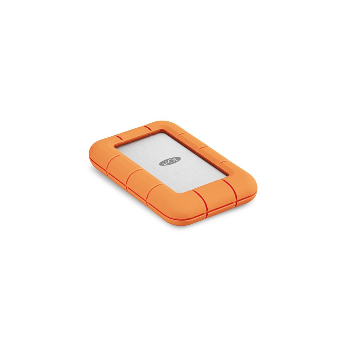 Orange LaCie tragbare Festplatte mit silberner Metallmitte, auf weißem Hintergrund.