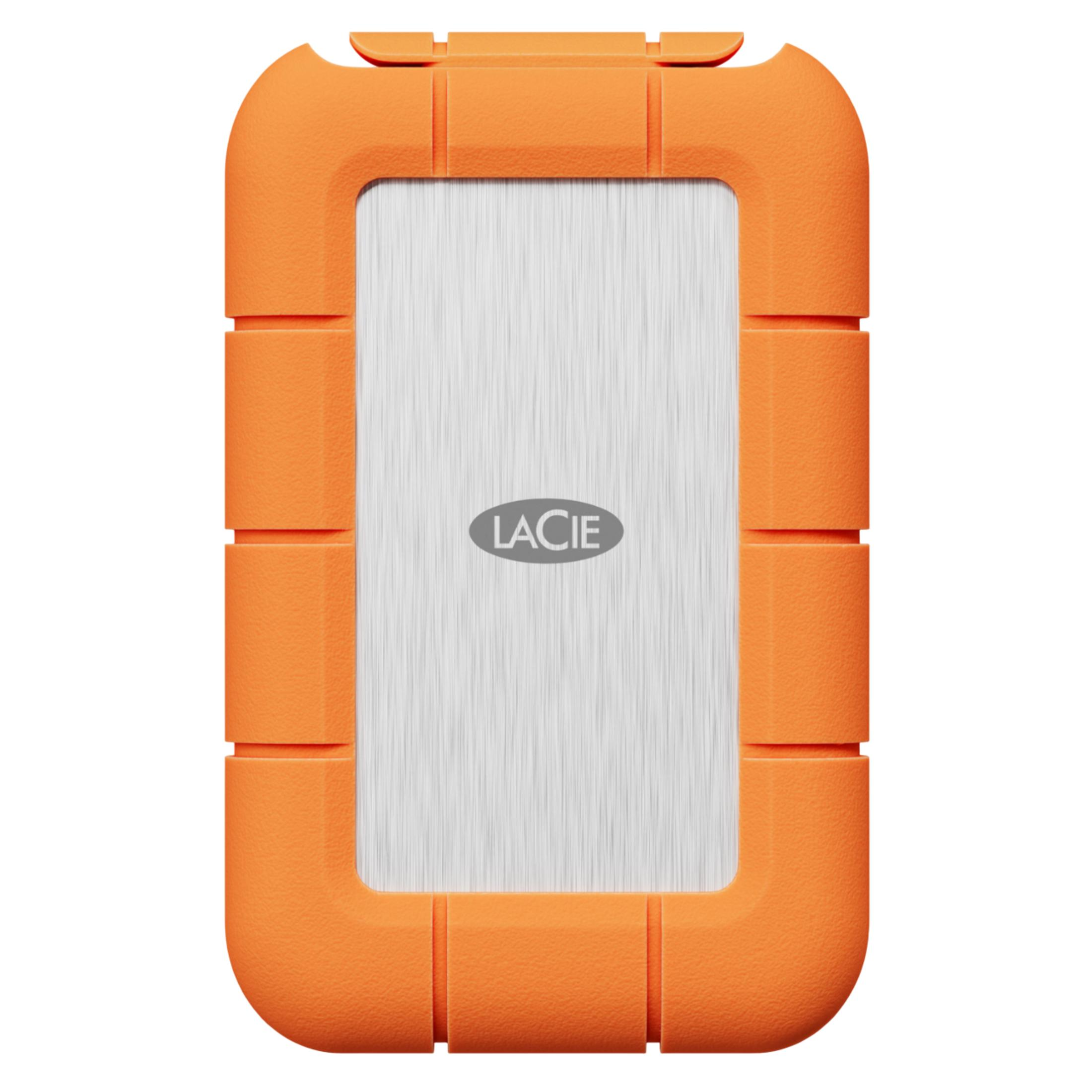 Ein orangefarbenes externes Laufwerk mit gebürsteter Metalloberfläche und LaCie-Logo.