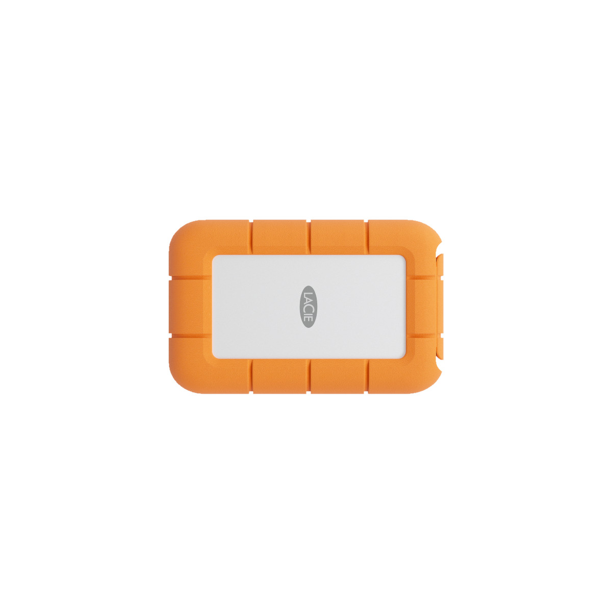 Ein orangefarbenes LaCie Festplattengehäuse mit weißer Mitte und Logo.