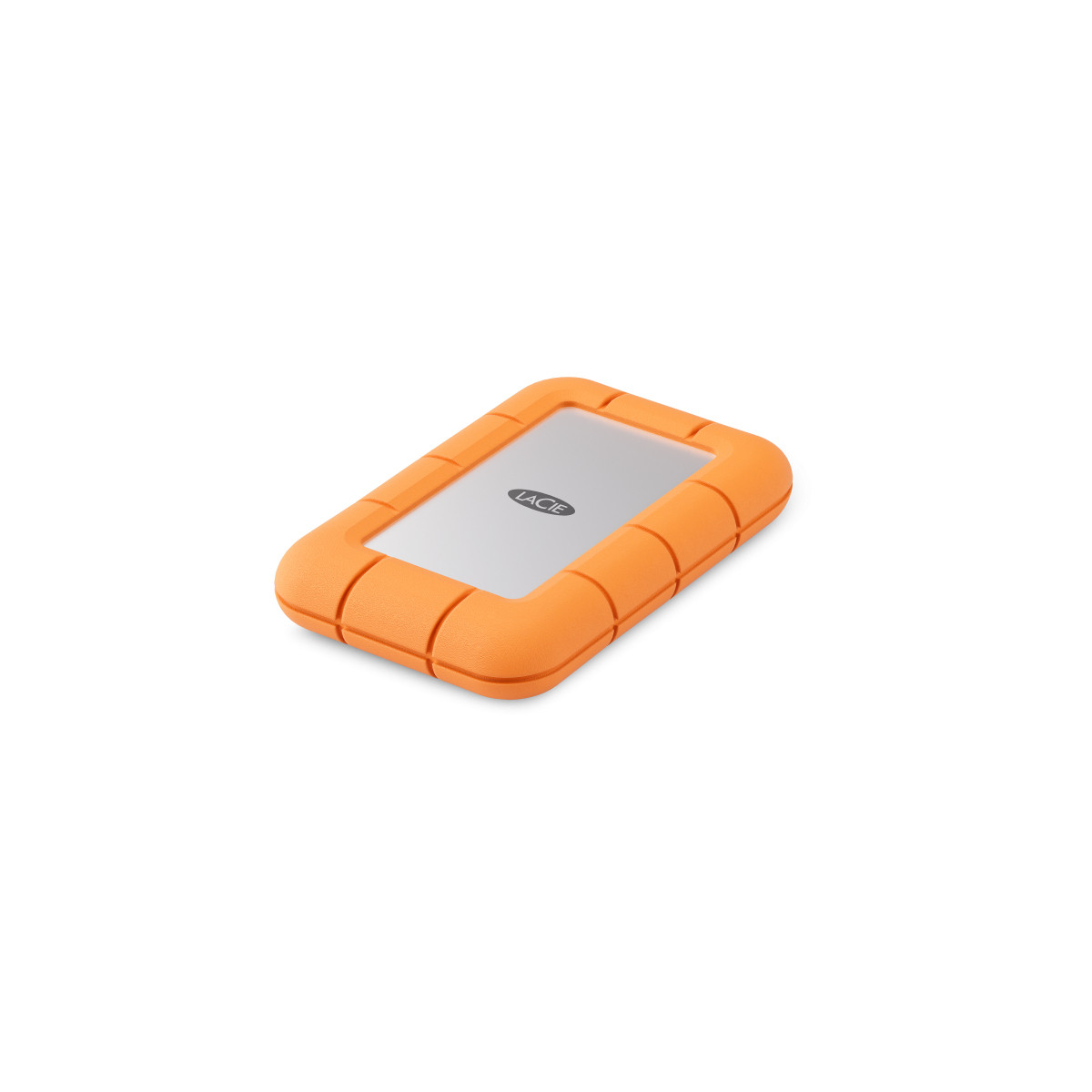 Ein orangefarbenes LaCie Festplattengehäuse mit silberner Oberfläche, auf weißem Hintergrund.